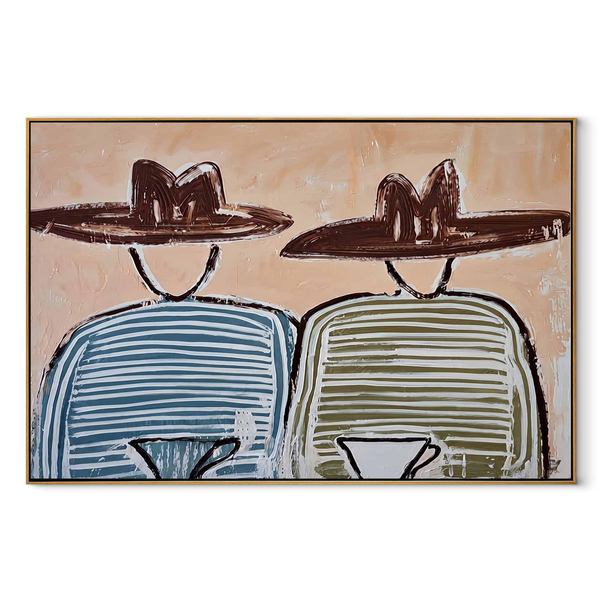Blue Stripes Share Coffee - striped coffee pair painting by Elliot Vale, modern figurative horizontal wall art – wood frame on white background