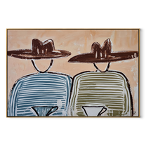 Blue Stripes Share Coffee - striped coffee pair painting by Elliot Vale, modern figurative horizontal wall art – wood frame on white background