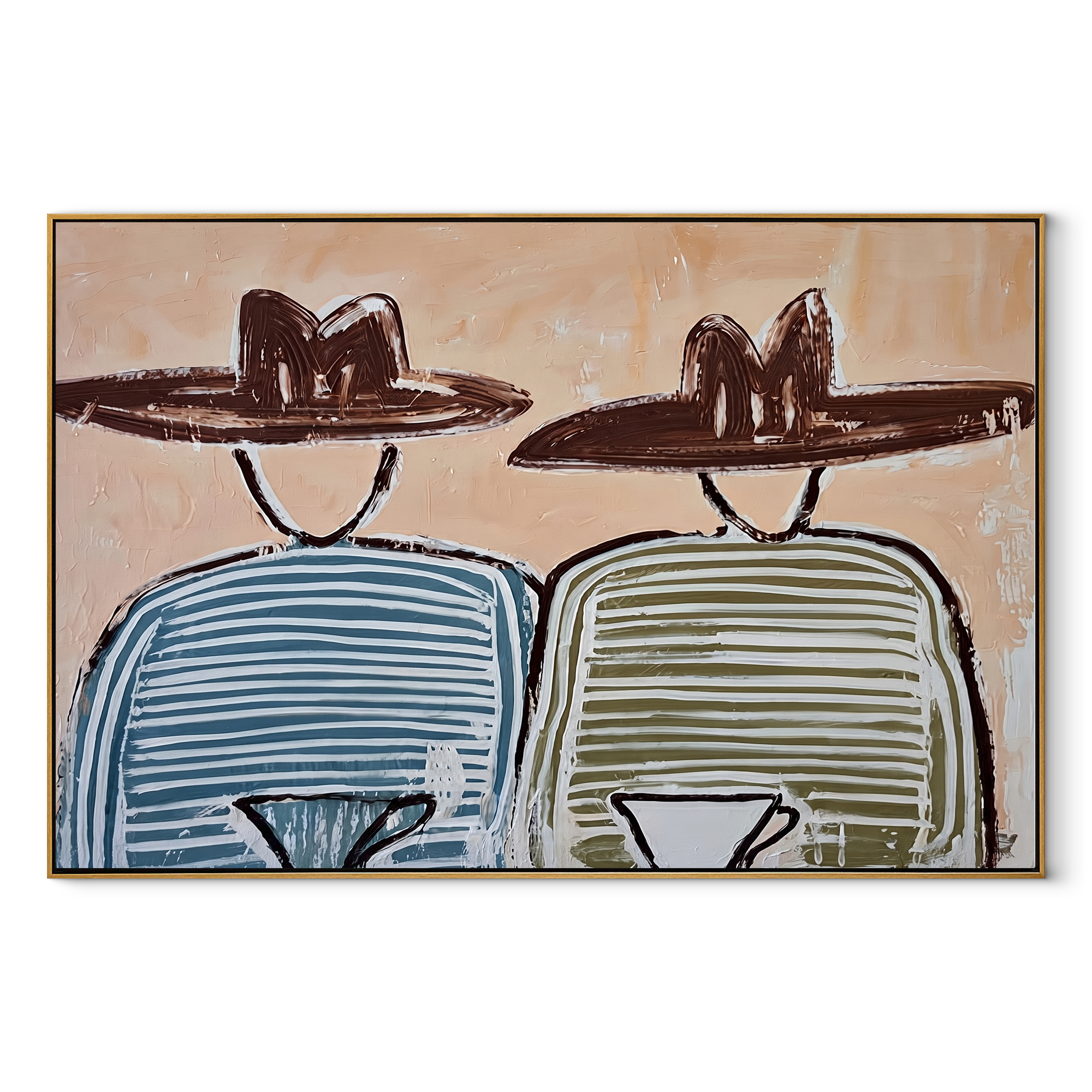 Blue Stripes Share Coffee - striped coffee pair painting by Elliot Vale, modern figurative horizontal wall art – wood frame on white background