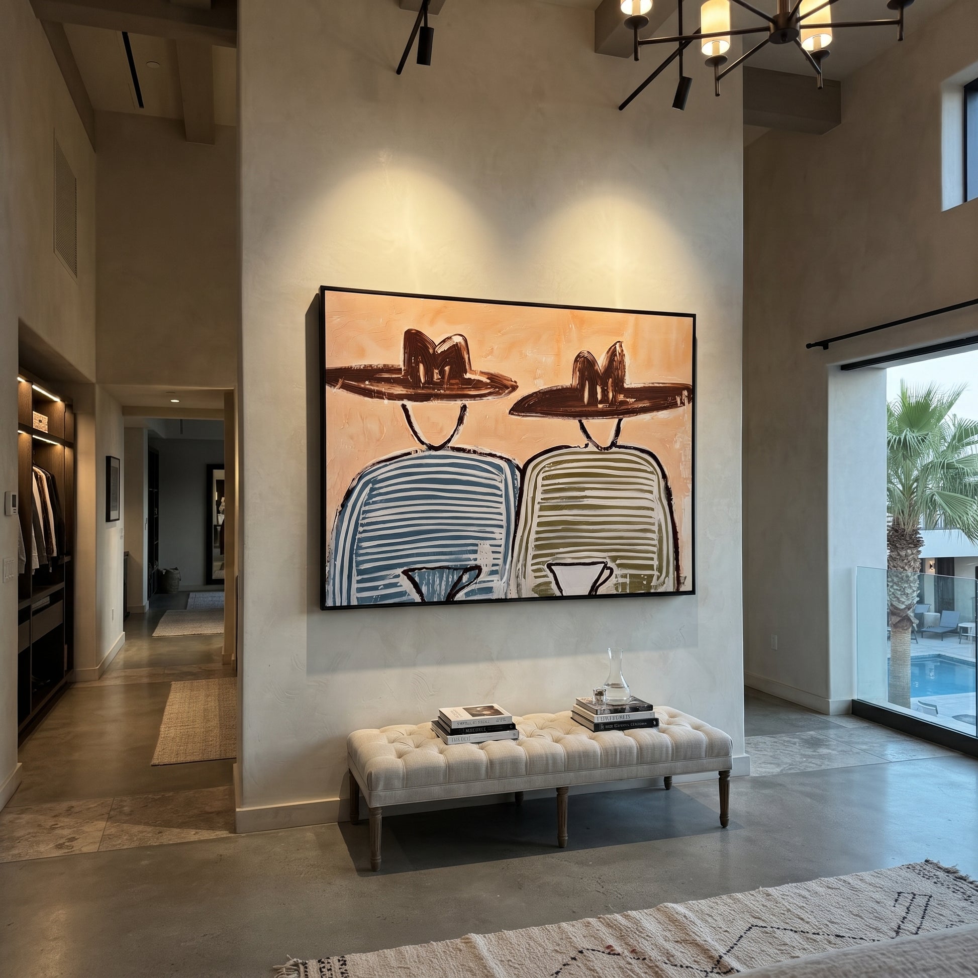Blue Stripes Share Coffee - striped coffee pair painting by Elliot Vale, modern figurative horizontal wall art – styled room scene view 2