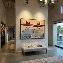 Blue Stripes Share Coffee - striped coffee pair painting by Elliot Vale, modern figurative horizontal wall art – styled room scene view 2