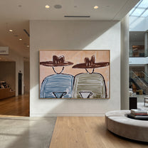 Blue Stripes Share Coffee - striped coffee pair painting by Elliot Vale, modern figurative horizontal wall art – styled room scene view 3