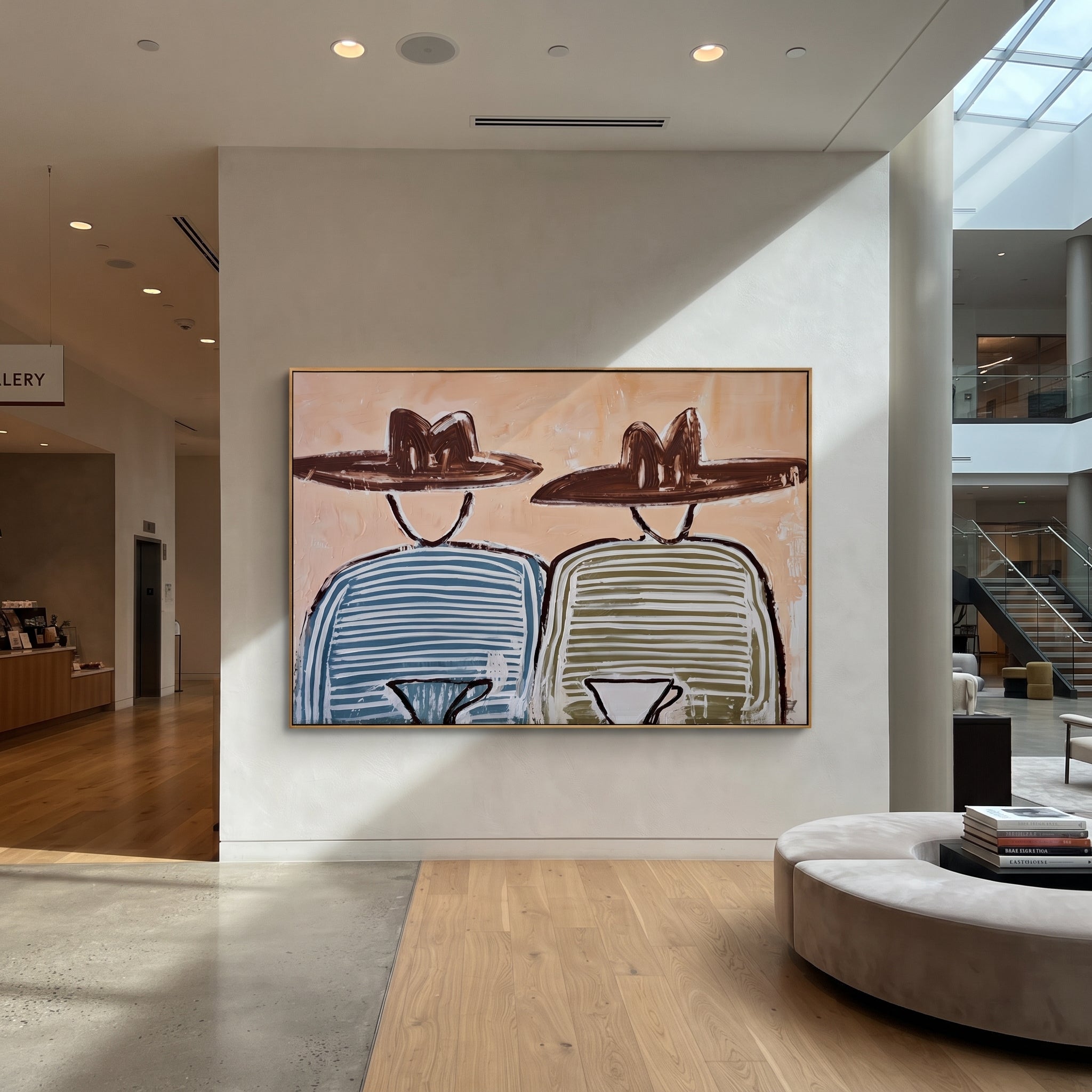 Blue Stripes Share Coffee - striped coffee pair painting by Elliot Vale, modern figurative horizontal wall art – styled room scene view 3