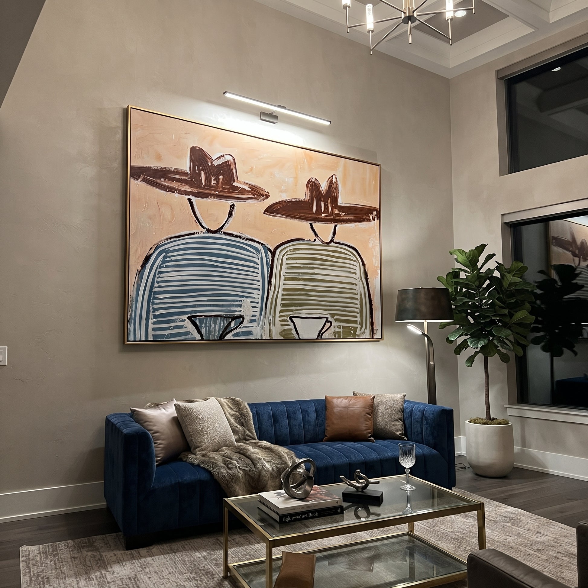Blue Stripes Share Coffee - striped coffee pair painting by Elliot Vale, modern figurative horizontal wall art – styled room scene view 5