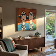 Spotted Brims Meet Terra - spotted hat women painting by Elliot Vale, modern figurative square wall art – styled room scene view 1