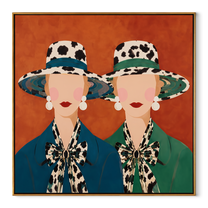 Spotted Brims Meet Terra - spotted hat women painting by Elliot Vale, modern figurative square wall art – wood frame on white background