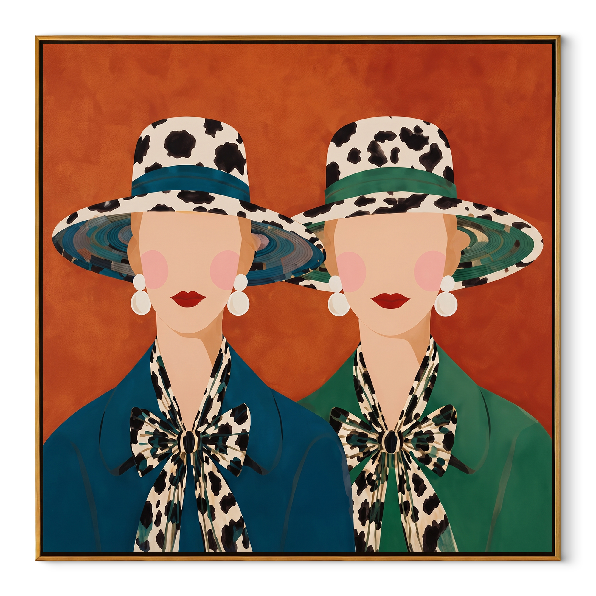 Spotted Brims Meet Terra - spotted hat women painting by Elliot Vale, modern figurative square wall art – wood frame on white background