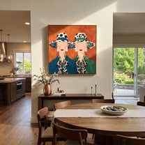 Spotted Brims Meet Terra - spotted hat women painting by Elliot Vale, modern figurative square wall art – styled room scene view 2
