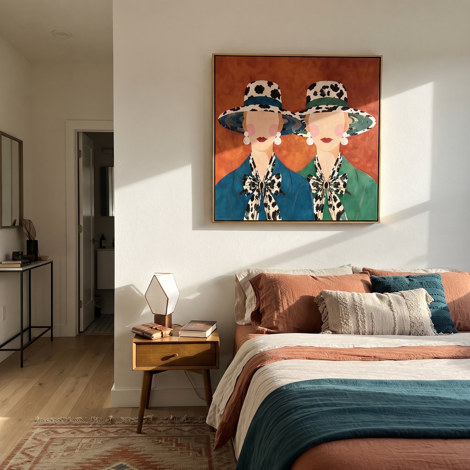 Spotted Brims Meet Terra - spotted hat women painting by Elliot Vale, modern figurative square wall art – styled room scene view 3