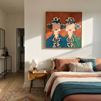 Spotted Brims Meet Terra - spotted hat women painting by Elliot Vale, modern figurative square wall art – styled room scene view 3