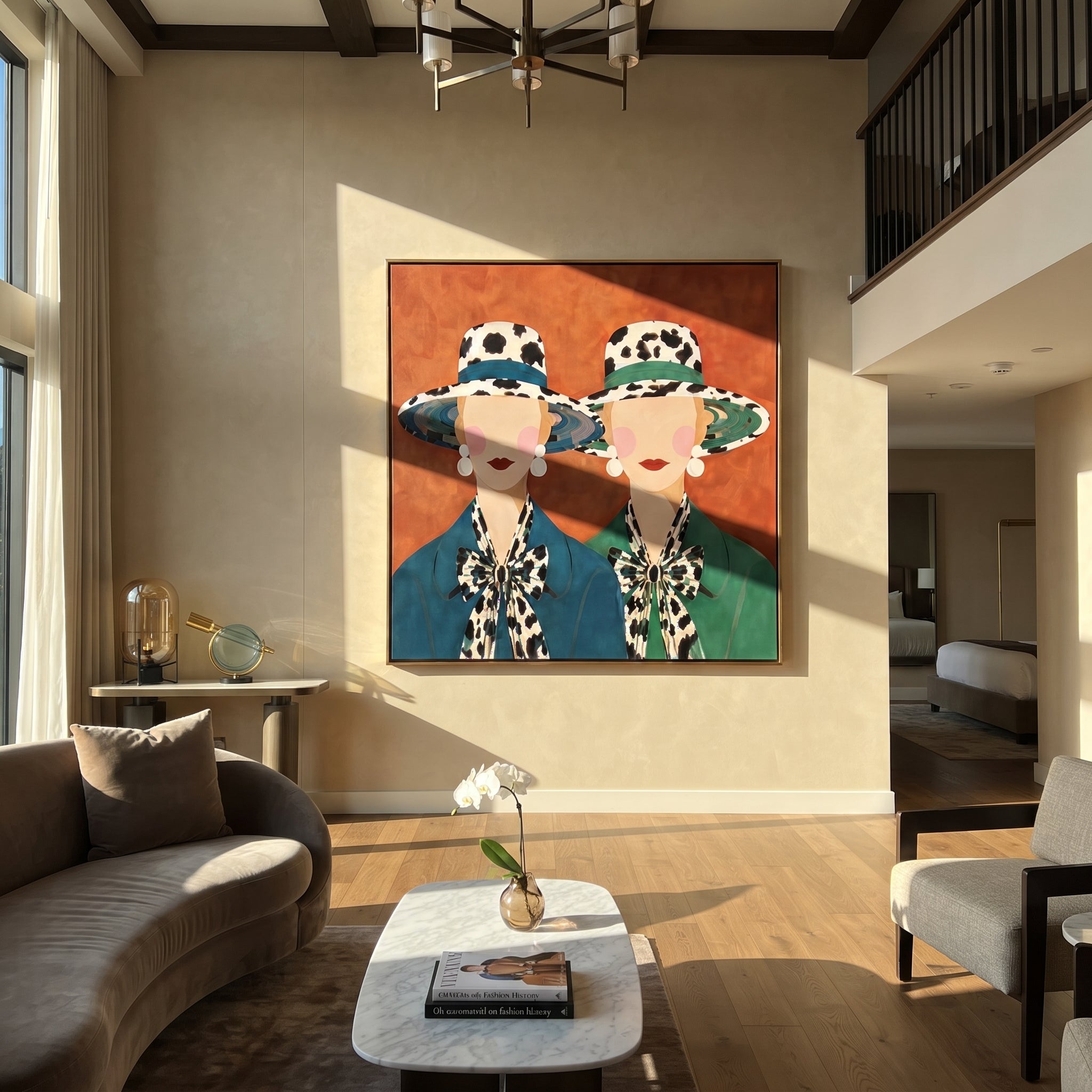 Spotted Brims Meet Terra - spotted hat women painting by Elliot Vale, modern figurative square wall art – styled room scene view 4