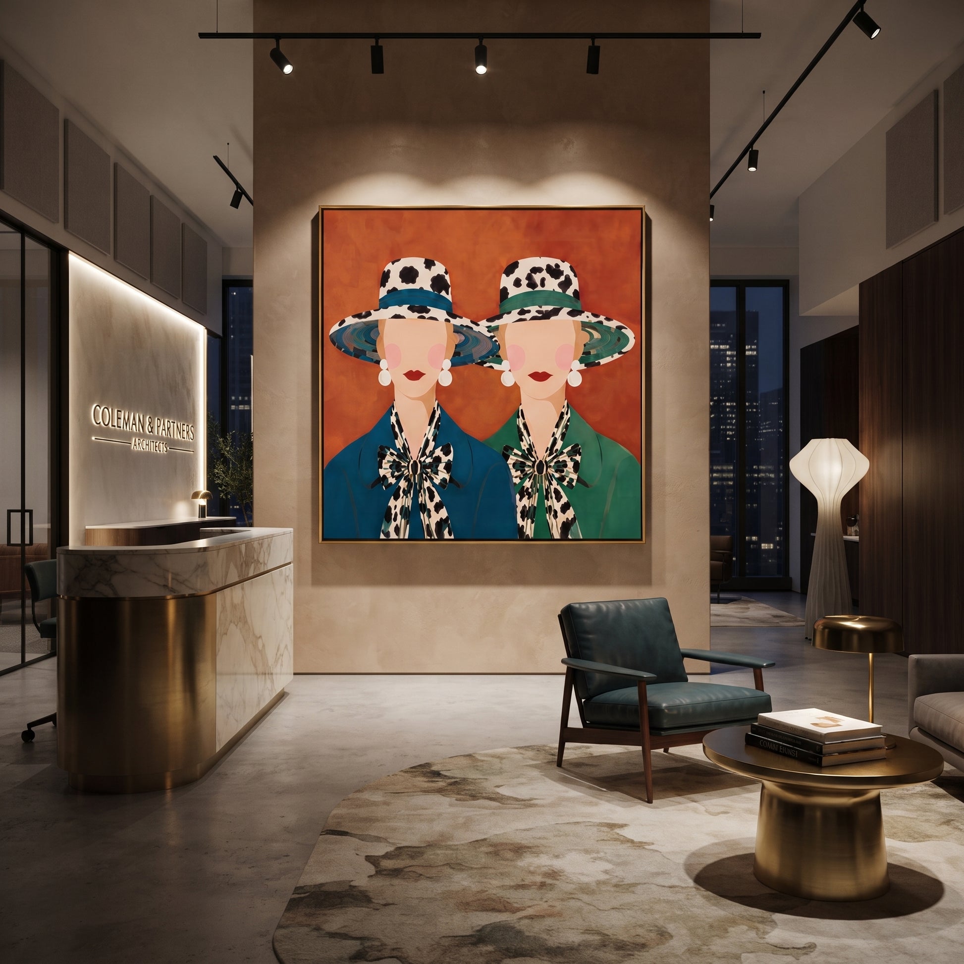 Spotted Brims Meet Terra - spotted hat women painting by Elliot Vale, modern figurative square wall art – styled room scene view 5
