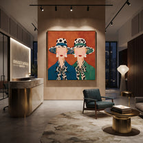 Spotted Brims Meet Terra - spotted hat women painting by Elliot Vale, modern figurative square wall art – styled room scene view 5