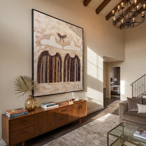 Butterfly Hovers Above Stripes - butterfly hat figure pair painting by Elliot Vale, modern figurative vertical wall art – styled room scene view 1