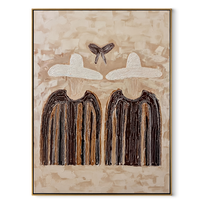 Butterfly Hovers Above Stripes - butterfly hat figure pair painting by Elliot Vale, modern figurative vertical wall art – wood frame on white background