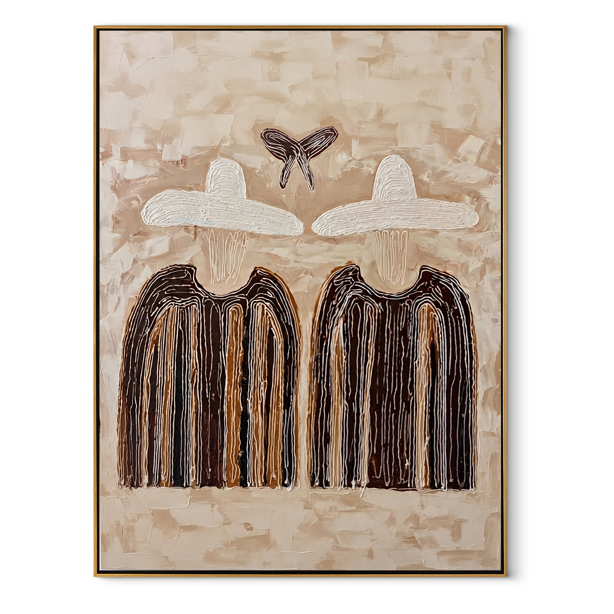 Butterfly Hovers Above Stripes - butterfly hat figure pair painting by Elliot Vale, modern figurative vertical wall art – wood frame on white background