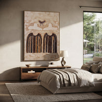 Butterfly Hovers Above Stripes - butterfly hat figure pair painting by Elliot Vale, modern figurative vertical wall art – styled room scene view 2