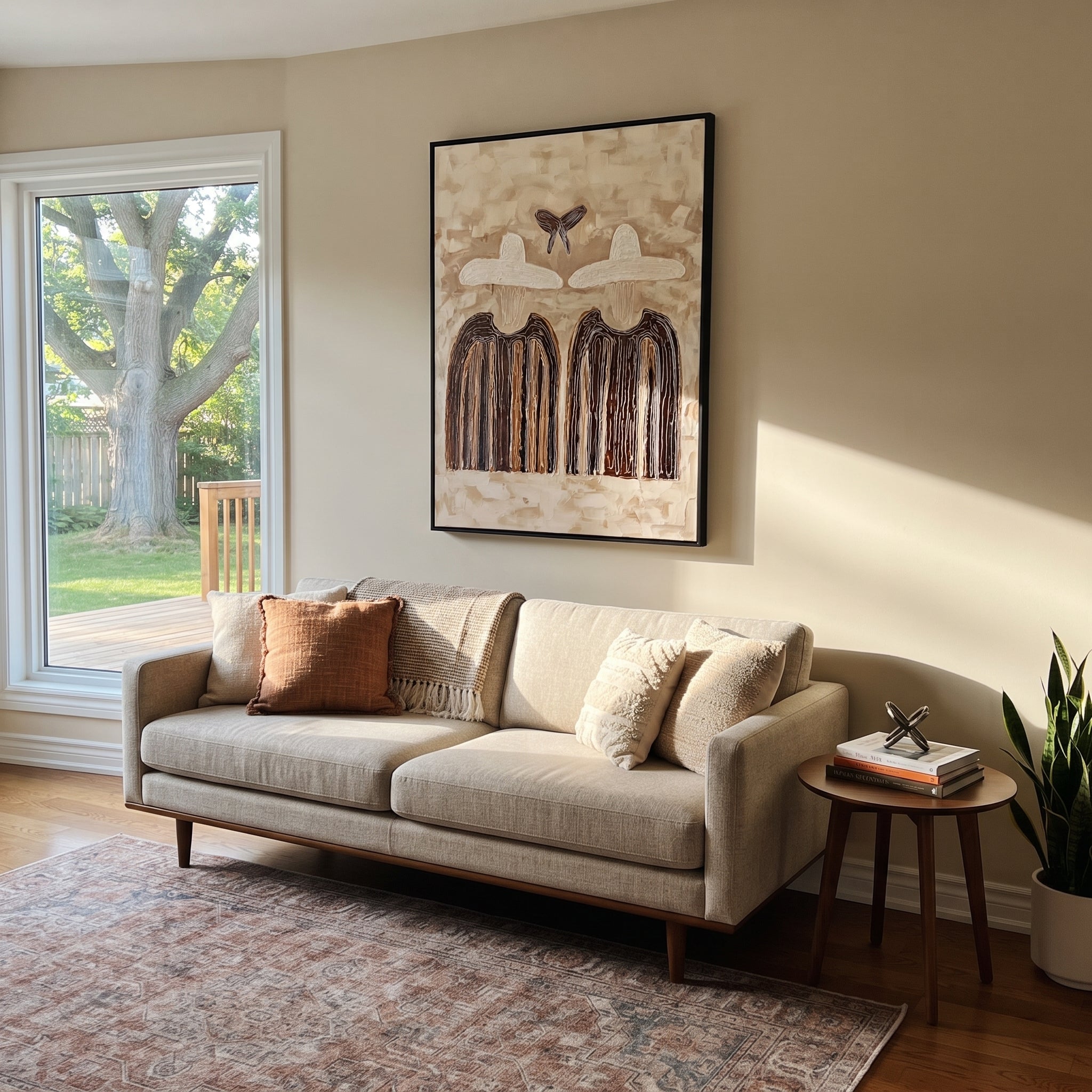 Butterfly Hovers Above Stripes - butterfly hat figure pair painting by Elliot Vale, modern figurative vertical wall art – styled room scene view 4