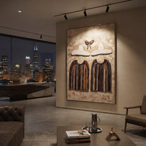 Butterfly Hovers Above Stripes - butterfly hat figure pair painting by Elliot Vale, modern figurative vertical wall art – styled room scene view 5