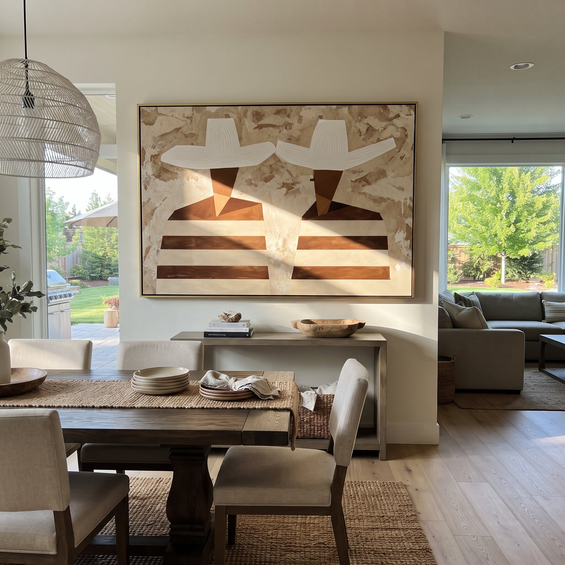 White Hats Face Sideways - striped profile figure painting by Elliot Vale, modern figurative horizontal wall art – styled room scene view 1