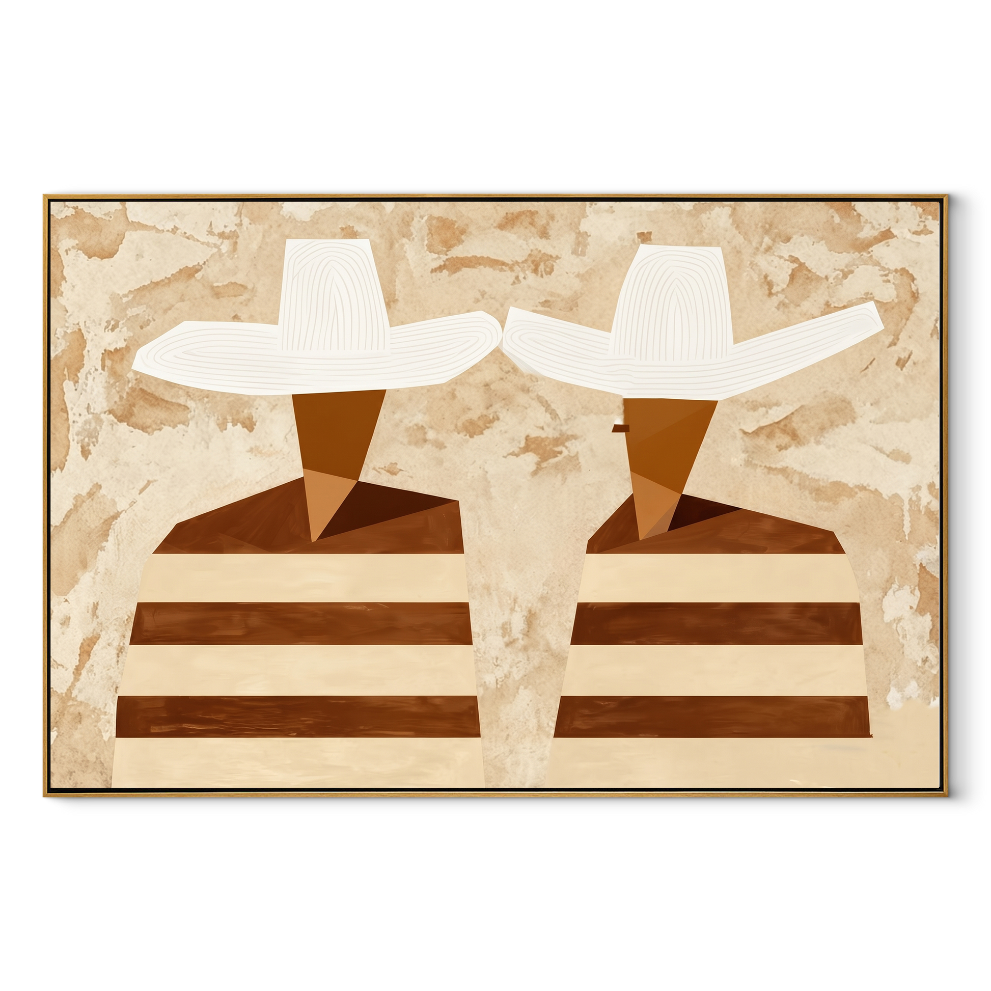 White Hats Face Sideways - striped profile figure painting by Elliot Vale, modern figurative horizontal wall art – wood frame on white background