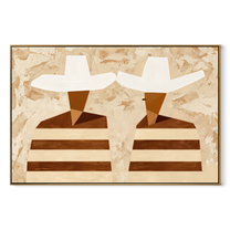 White Hats Face Sideways - striped profile figure painting by Elliot Vale, modern figurative horizontal wall art – wood frame on white background