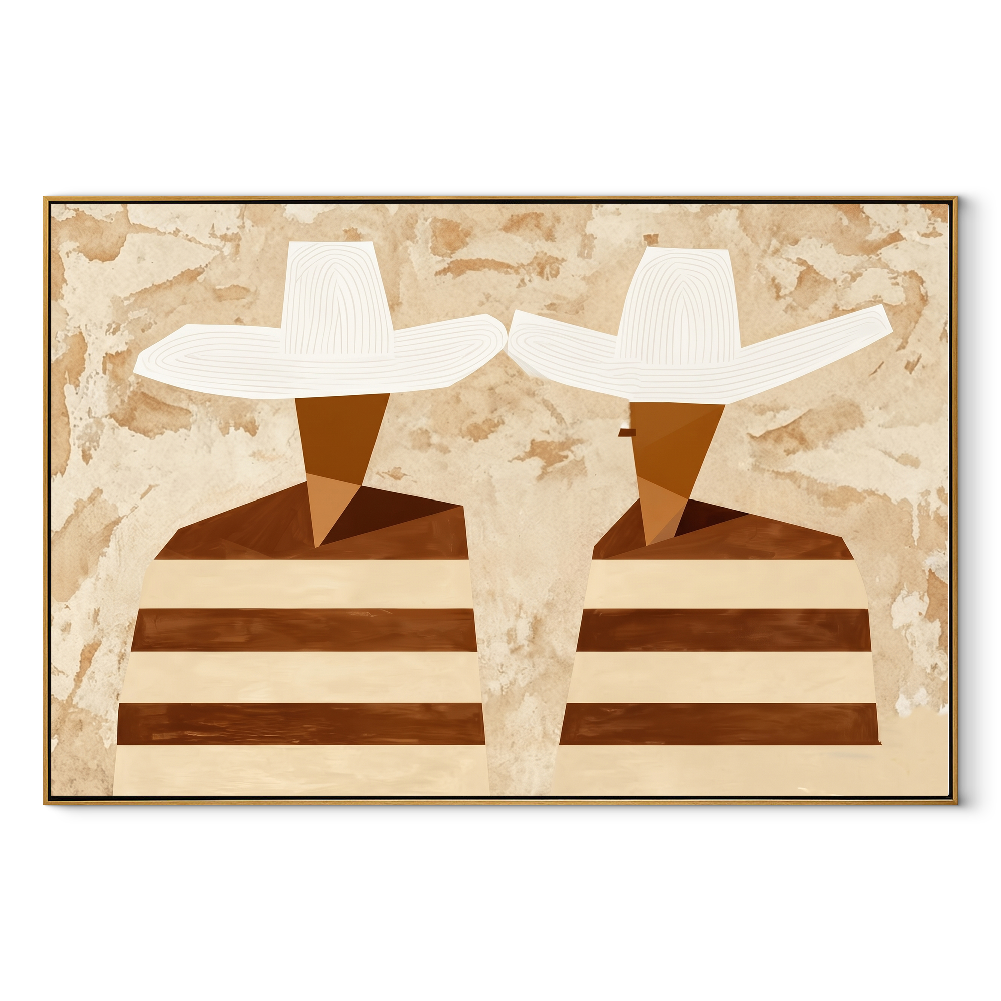 White Hats Face Sideways - striped profile figure painting by Elliot Vale, modern figurative horizontal wall art – wood frame on white background