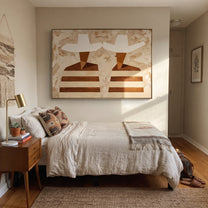 White Hats Face Sideways - striped profile figure painting by Elliot Vale, modern figurative horizontal wall art – styled room scene view 2