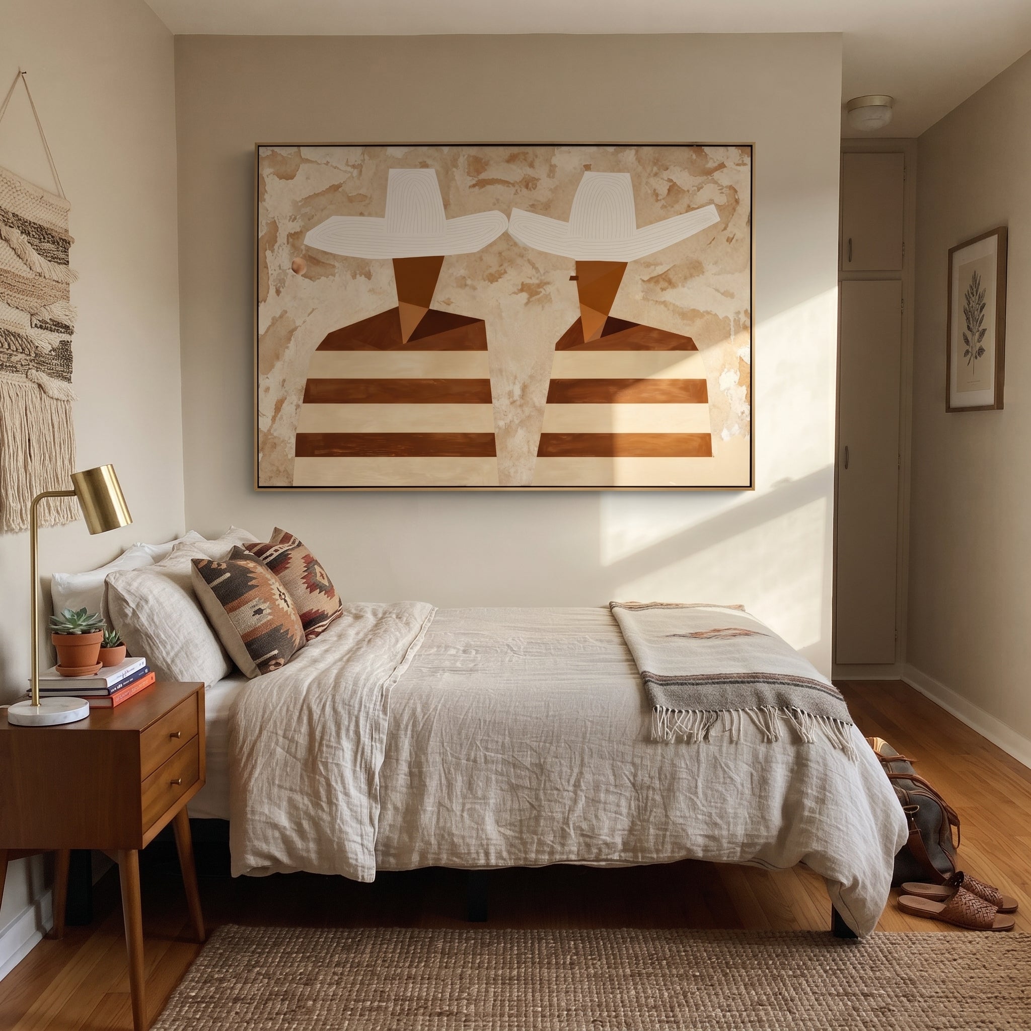 White Hats Face Sideways - striped profile figure painting by Elliot Vale, modern figurative horizontal wall art – styled room scene view 2