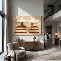 White Hats Face Sideways - striped profile figure painting by Elliot Vale, modern figurative horizontal wall art – styled room scene view 3