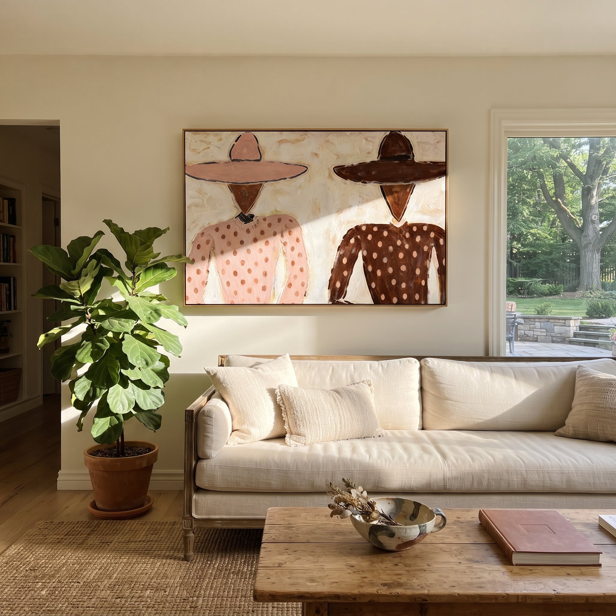 Pink Dots Meet Brown - polka dot figure pair painting by Elliot Vale, modern figurative horizontal wall art – styled room scene view 1