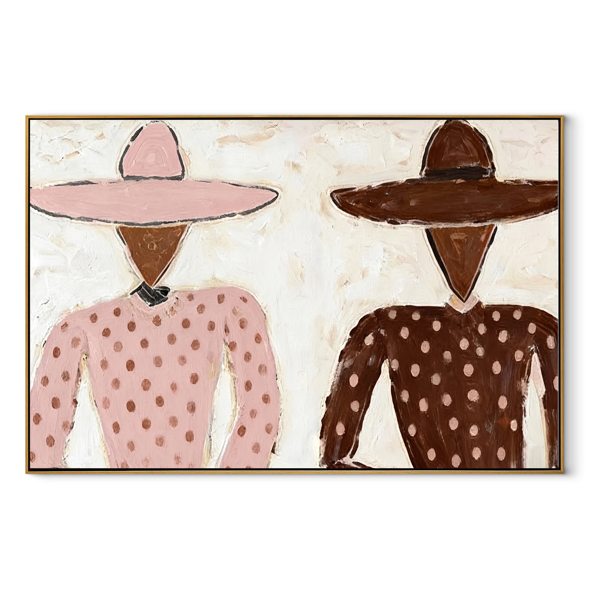 Pink Dots Meet Brown - polka dot figure pair painting by Elliot Vale, modern figurative horizontal wall art – wood frame on white background