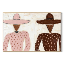 Pink Dots Meet Brown - polka dot figure pair painting by Elliot Vale, modern figurative horizontal wall art – wood frame on white background
