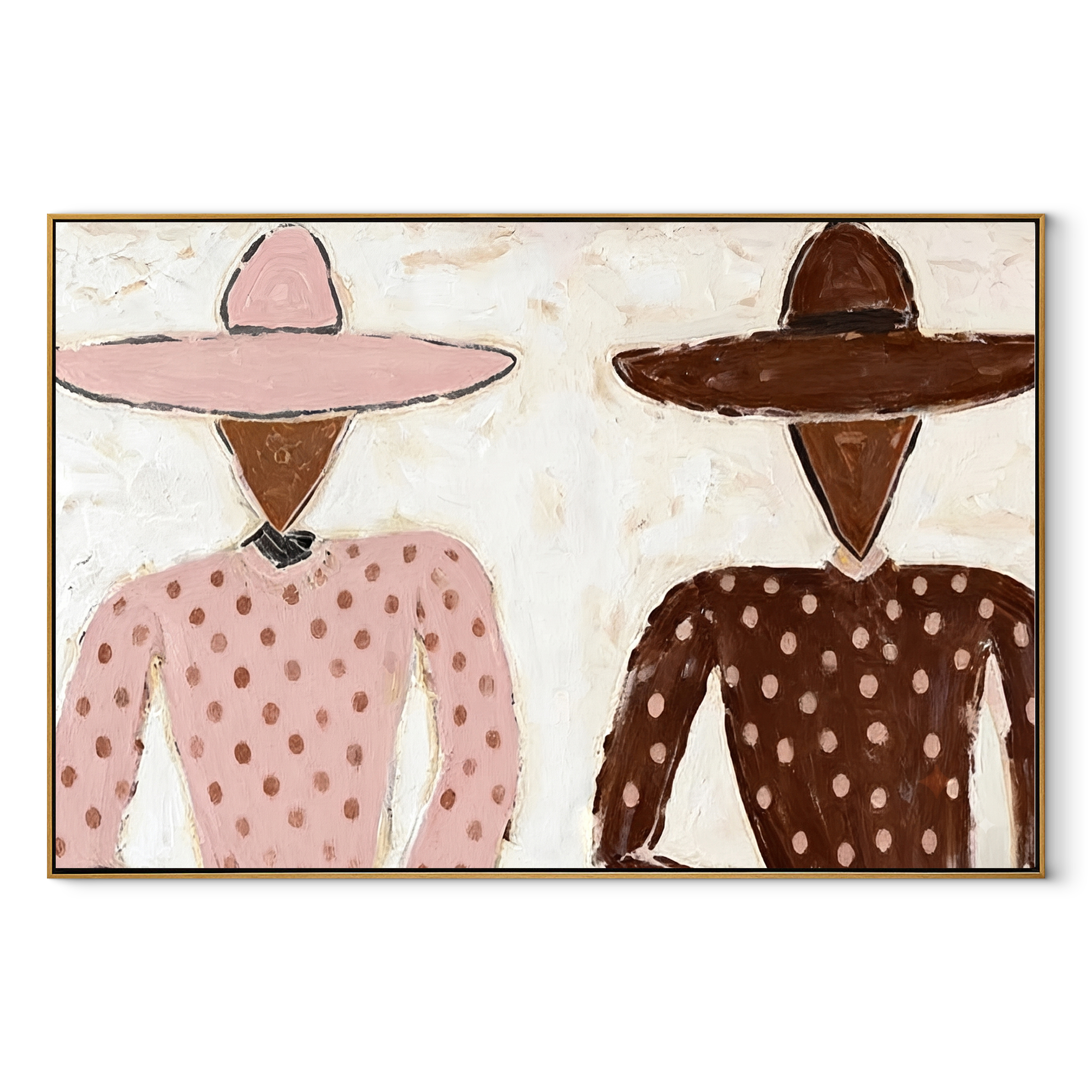 Pink Dots Meet Brown - polka dot figure pair painting by Elliot Vale, modern figurative horizontal wall art – wood frame on white background