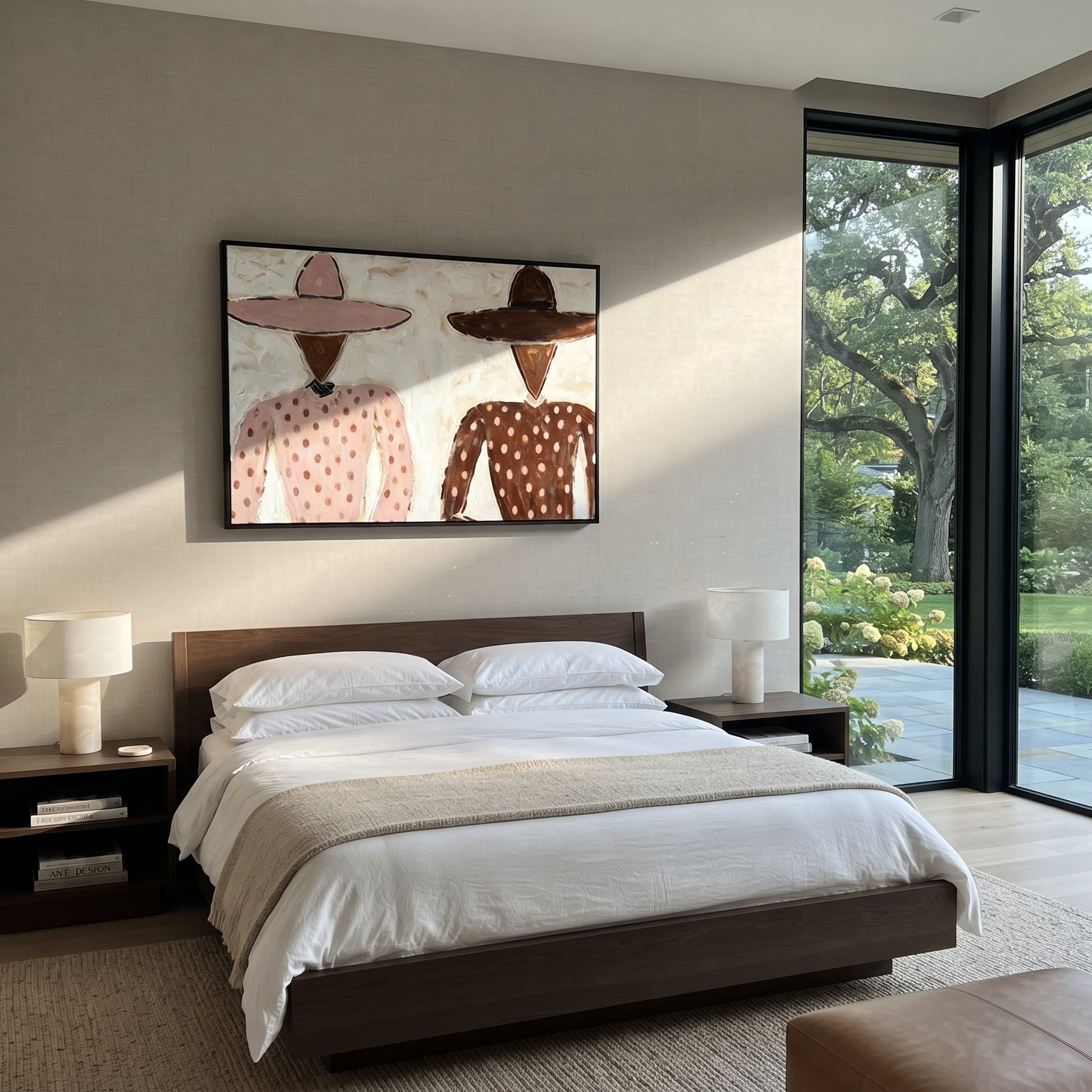 Pink Dots Meet Brown - polka dot figure pair painting by Elliot Vale, modern figurative horizontal wall art – styled room scene view 3