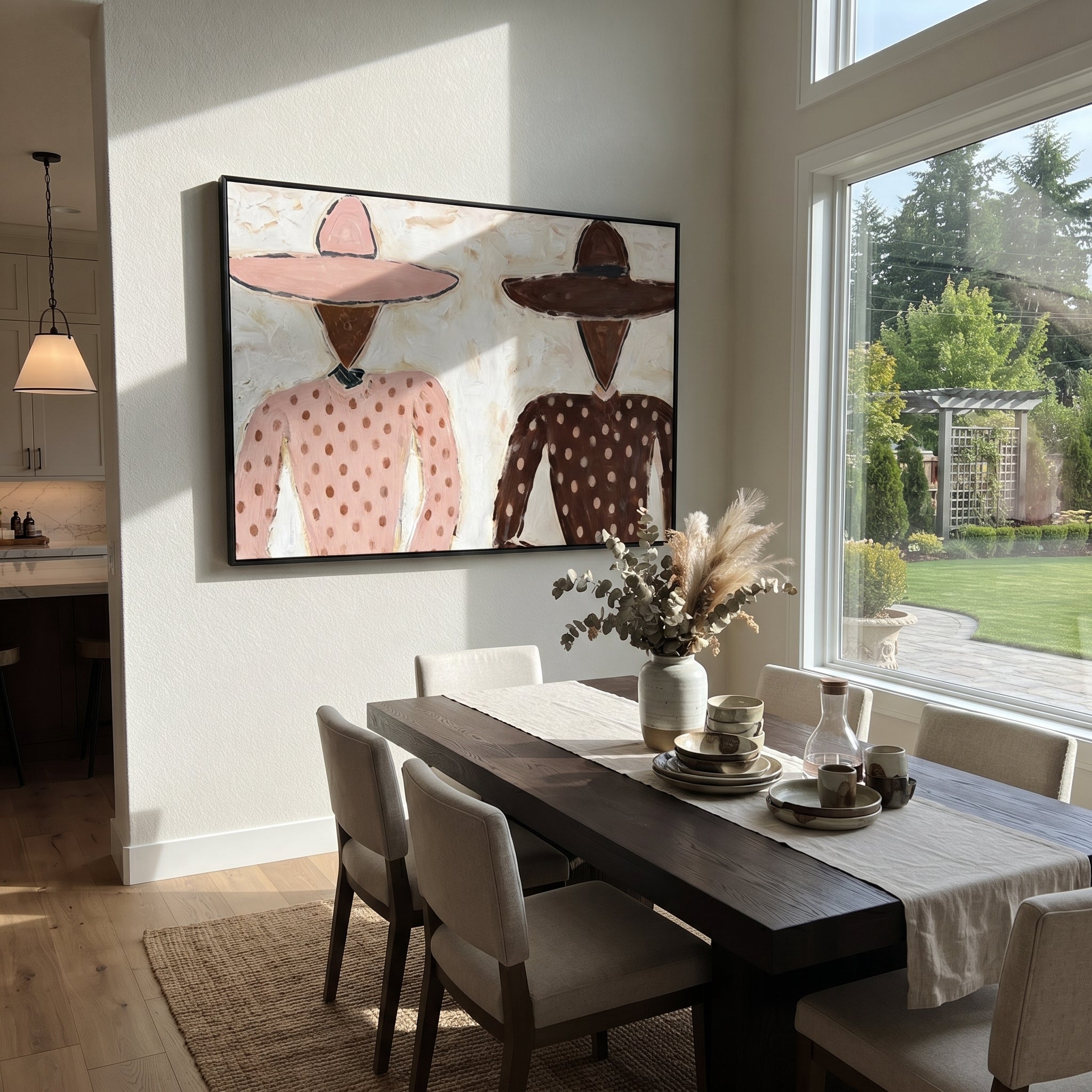 Pink Dots Meet Brown - polka dot figure pair painting by Elliot Vale, modern figurative horizontal wall art – styled room scene view 4