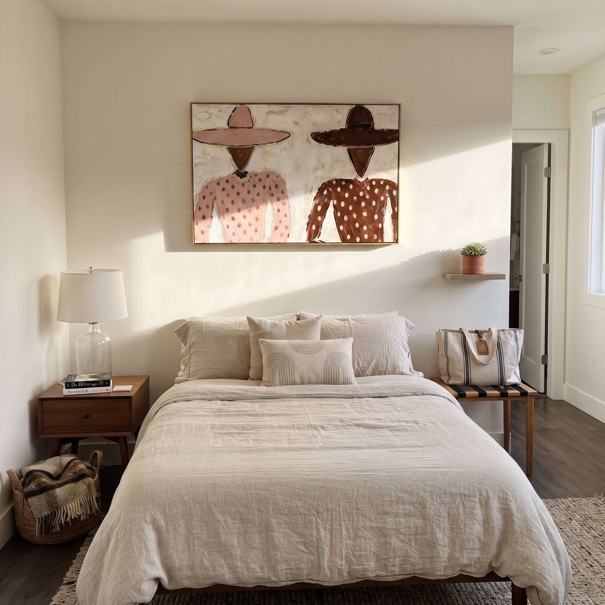 Pink Dots Meet Brown - polka dot figure pair painting by Elliot Vale, modern figurative horizontal wall art – styled room scene view 5