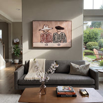 Striped Cups Rest Together - striped coffee pair painting by Elliot Vale, modern figurative horizontal wall art - styled room scene view 1