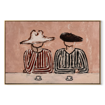 Striped Cups Rest Together - striped coffee pair painting by Elliot Vale, modern figurative horizontal wall art - wood frame on white background