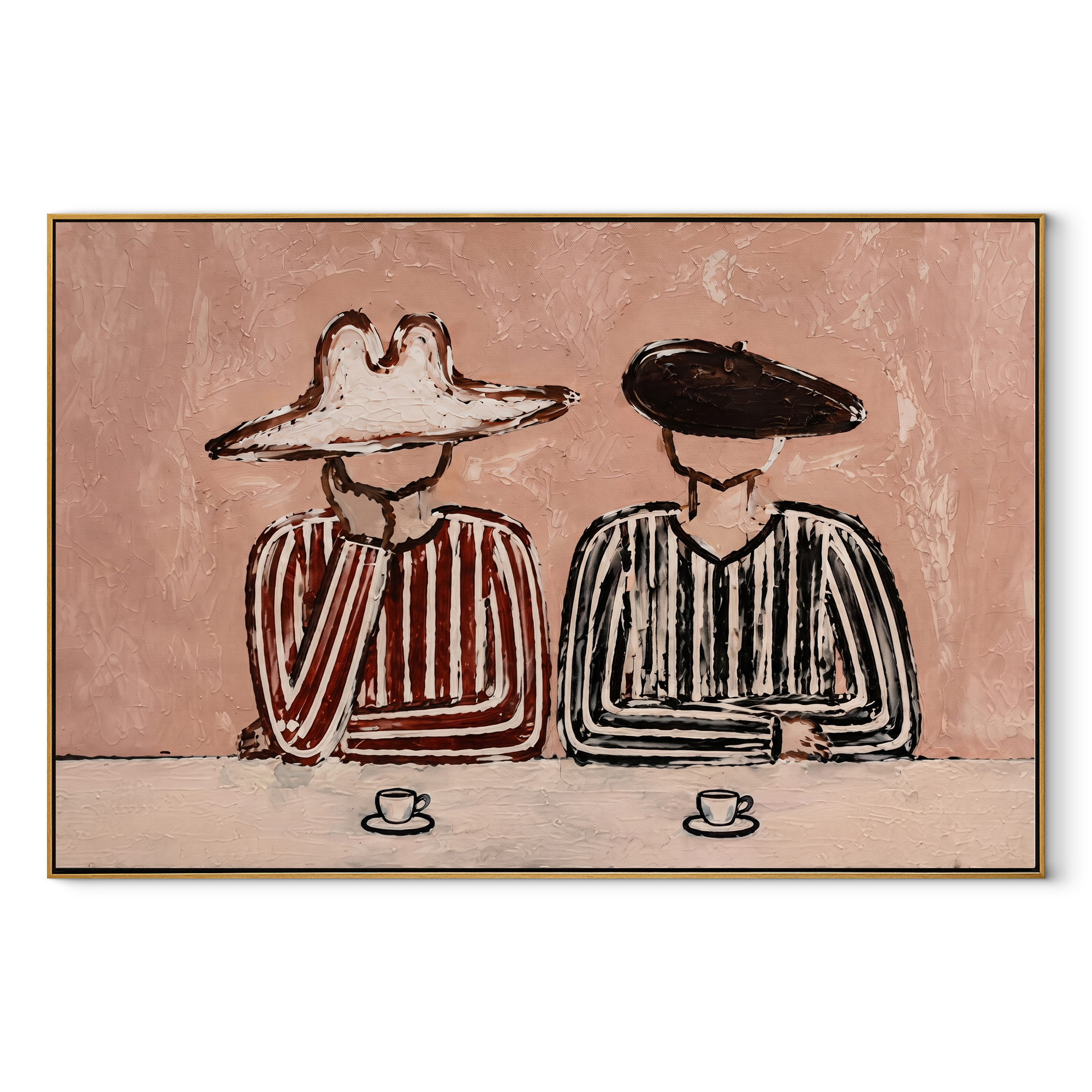 Striped Cups Rest Together - striped coffee pair painting by Elliot Vale, modern figurative horizontal wall art - wood frame on white background