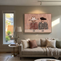 Striped Cups Rest Together - striped coffee pair painting by Elliot Vale, modern figurative horizontal wall art - styled room scene view 2