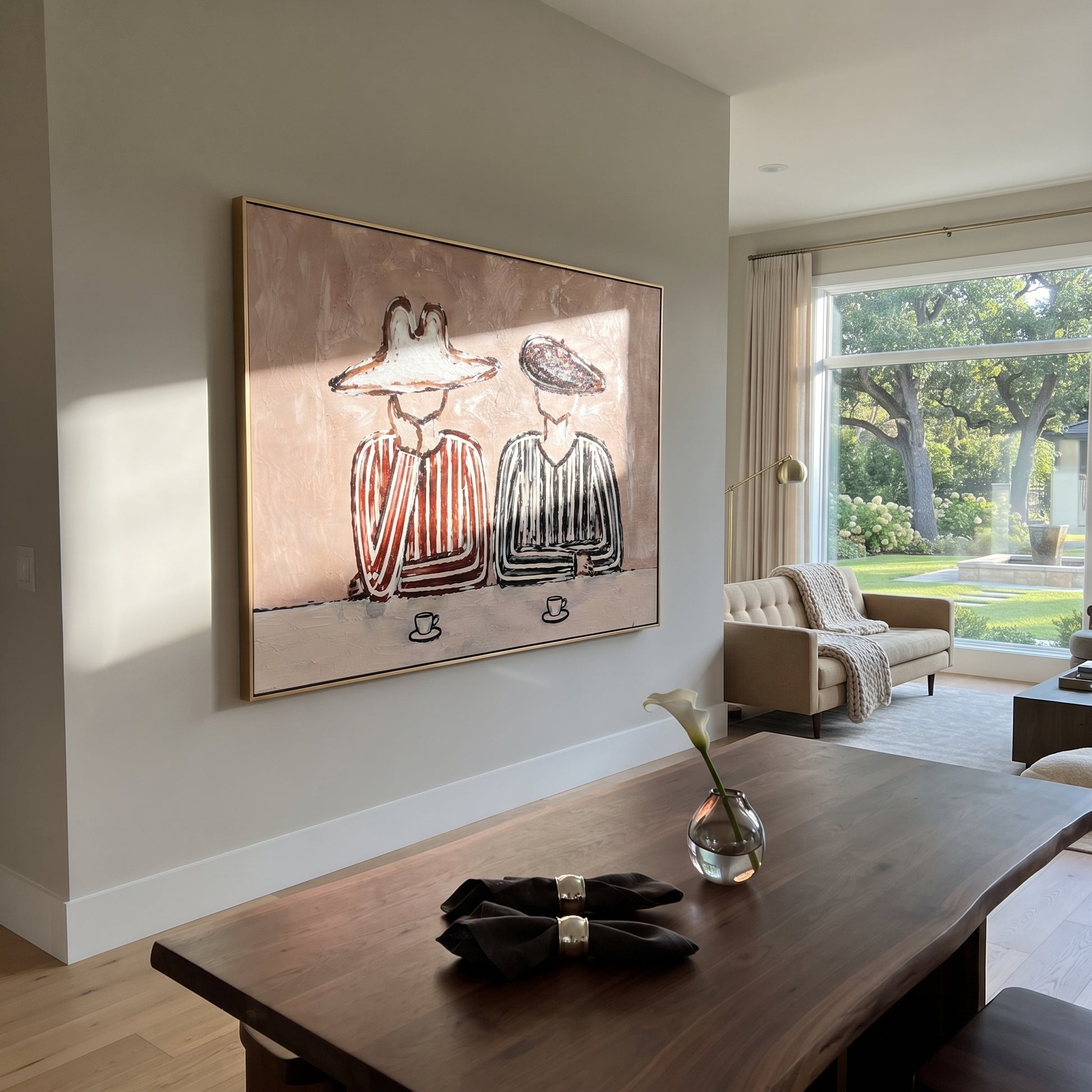 Striped Cups Rest Together - striped coffee pair painting by Elliot Vale, modern figurative horizontal wall art - styled room scene view 3