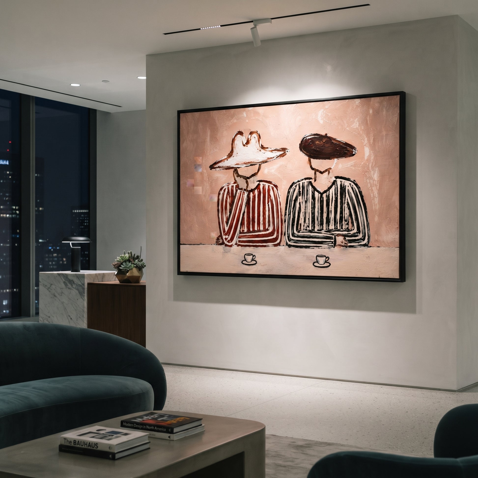 Striped Cups Rest Together - striped coffee pair painting by Elliot Vale, modern figurative horizontal wall art - styled room scene view 5