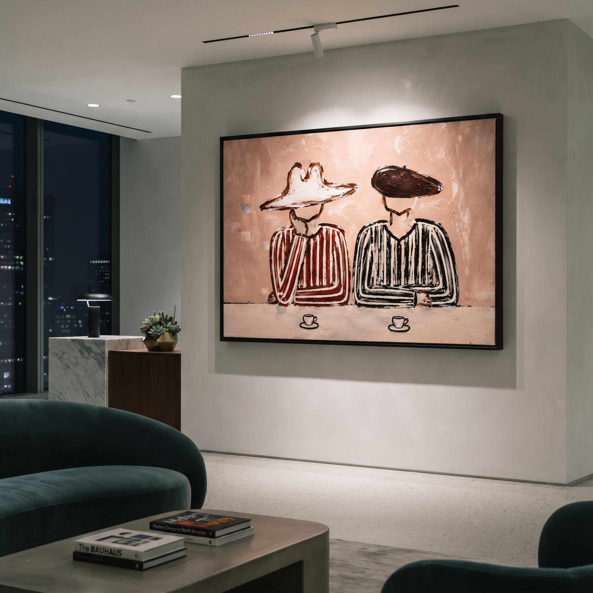 Striped Cups Rest Together - striped coffee pair painting by Elliot Vale, modern figurative horizontal wall art - styled room scene view 5