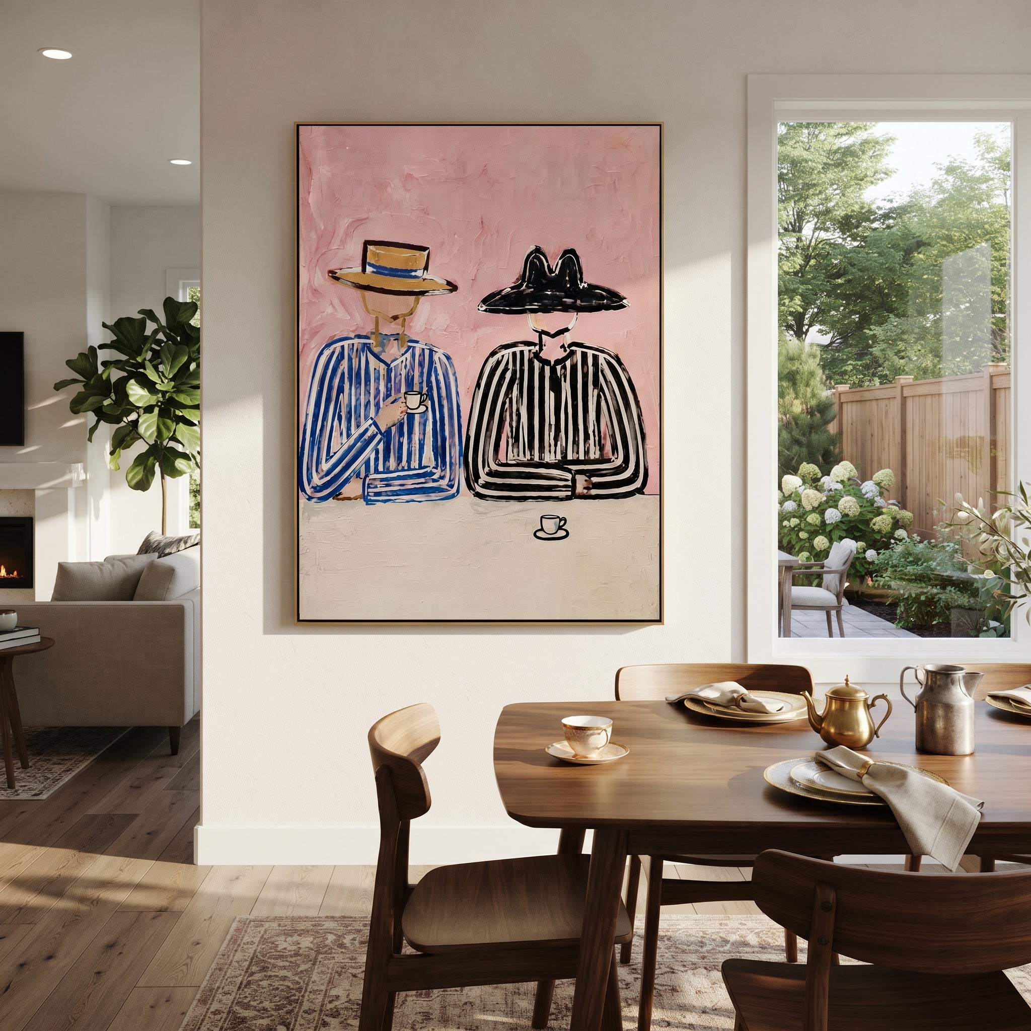 Blue Stripes Guard Coffee - striped coffee companion painting by Elliot Vale, modern figurative vertical wall art - styled room scene view 1