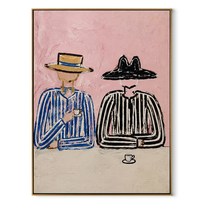 Blue Stripes Guard Coffee - striped coffee companion painting by Elliot Vale, modern figurative vertical wall art - wood frame on white background