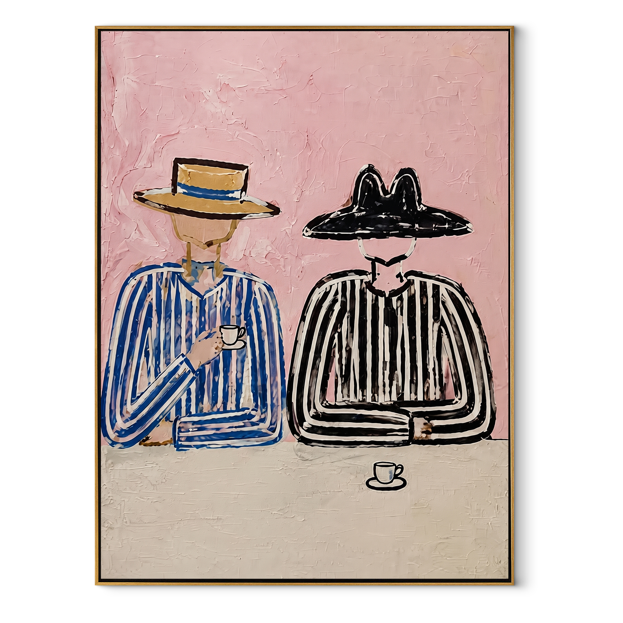 Blue Stripes Guard Coffee - striped coffee companion painting by Elliot Vale, modern figurative vertical wall art - wood frame on white background