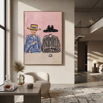 Blue Stripes Guard Coffee - striped coffee companion painting by Elliot Vale, modern figurative vertical wall art - styled room scene view 2