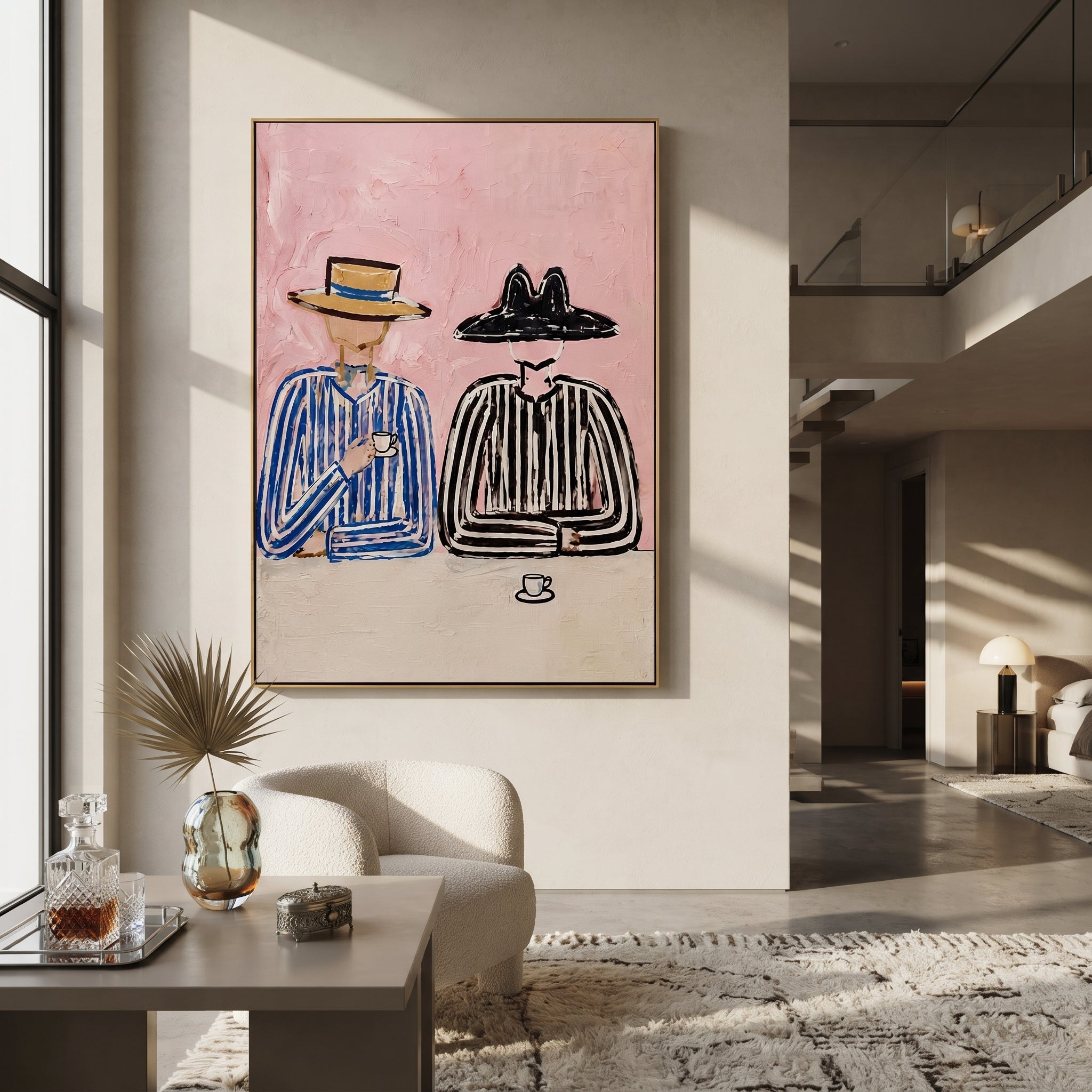 Blue Stripes Guard Coffee - striped coffee companion painting by Elliot Vale, modern figurative vertical wall art - styled room scene view 2