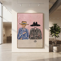 Blue Stripes Guard Coffee - striped coffee companion painting by Elliot Vale, modern figurative vertical wall art - styled room scene view 3